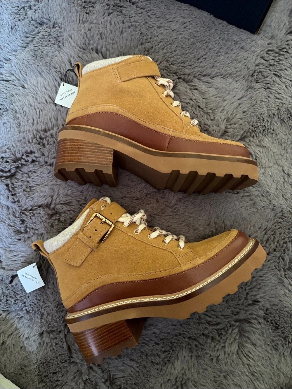 Cole Haan Shibley Waterproof Lace Up Booties in Golden Honey Suede (NWT) - Picture 6 of 15